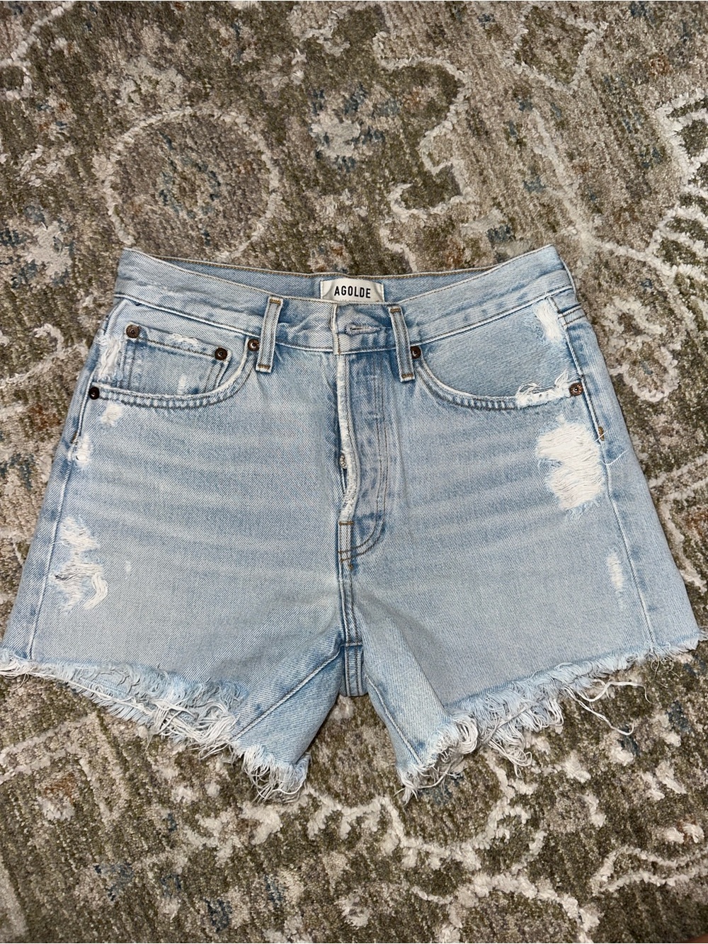 Agolde Light Blue Distressed High-Rise Denim Shorts